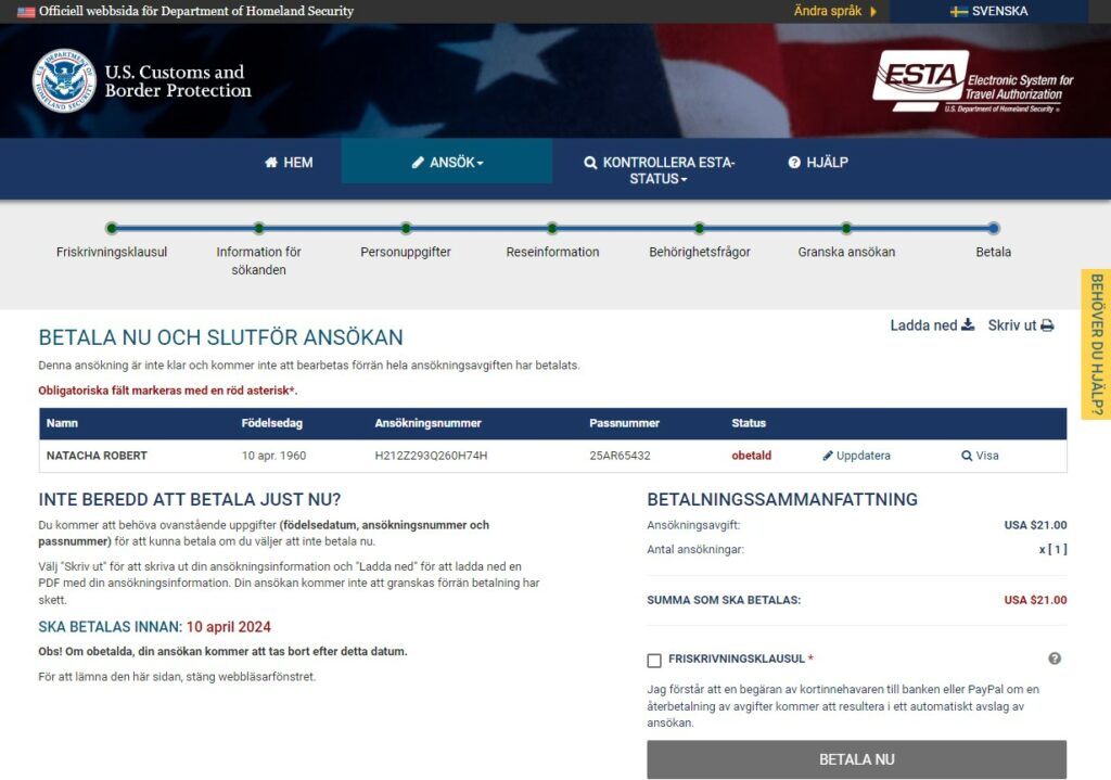 ESTA:s sida för betalning online