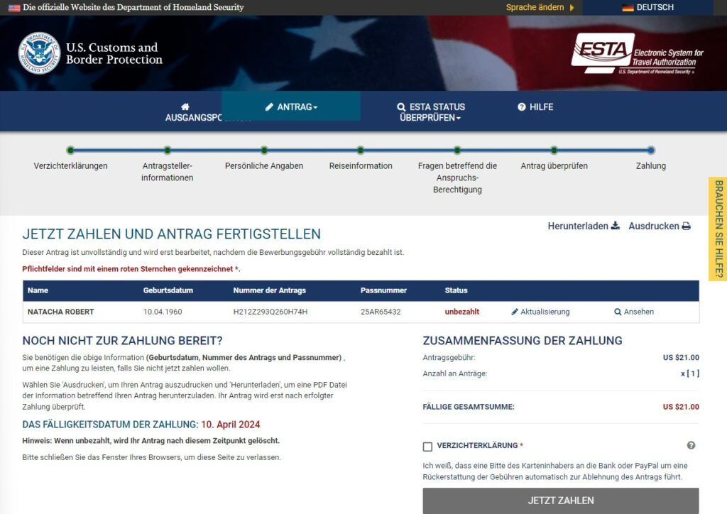 Seite ESTA-Zahlung online